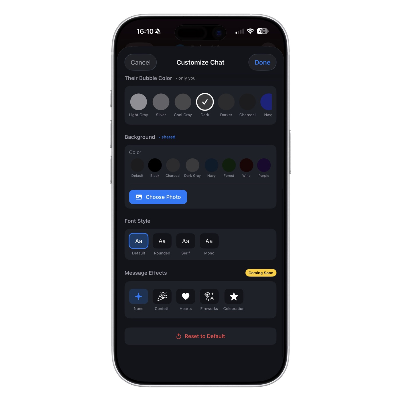 Customise chat theme screen