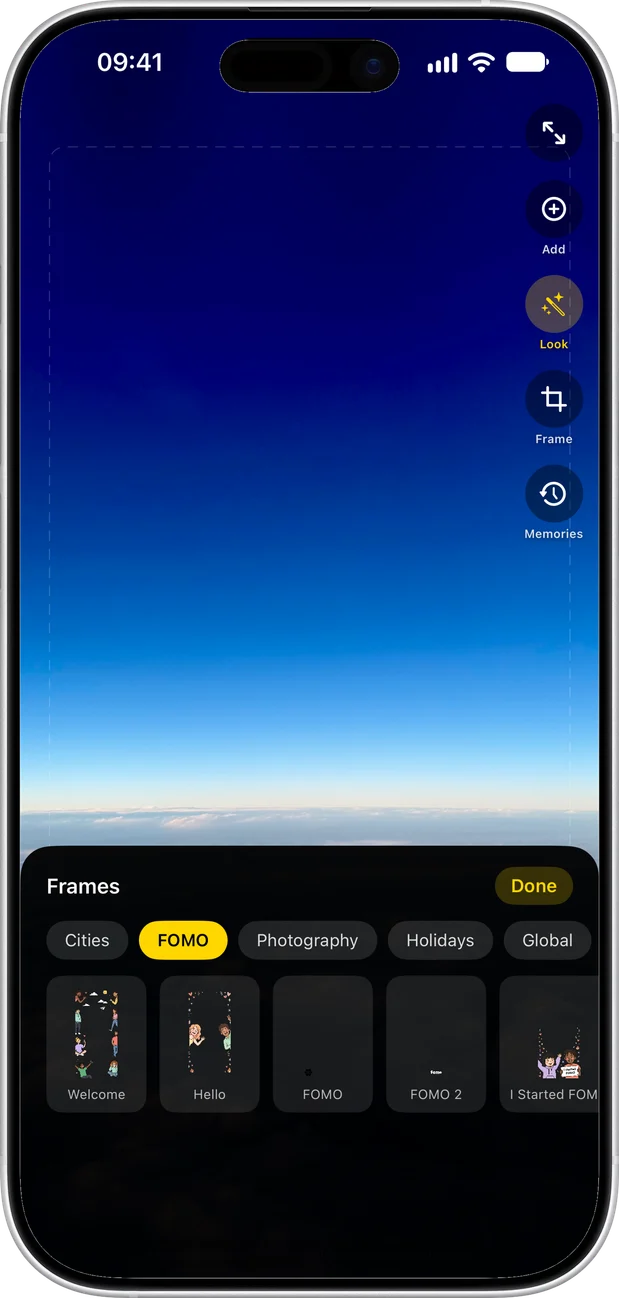 The frame picker open over a photo