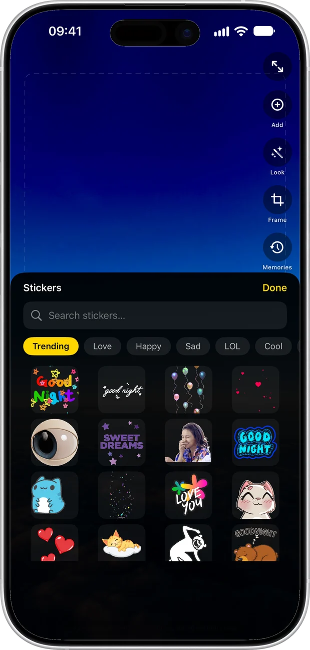 The sticker picker open over a photo