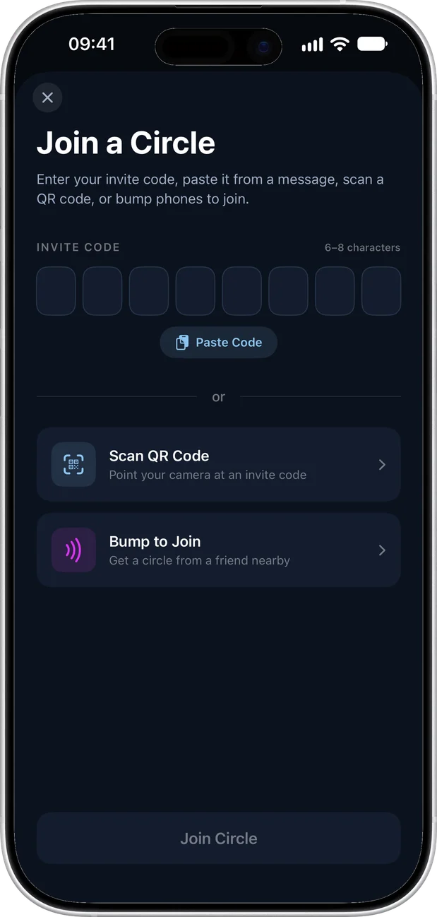 Joining a circle with an invite code or QR