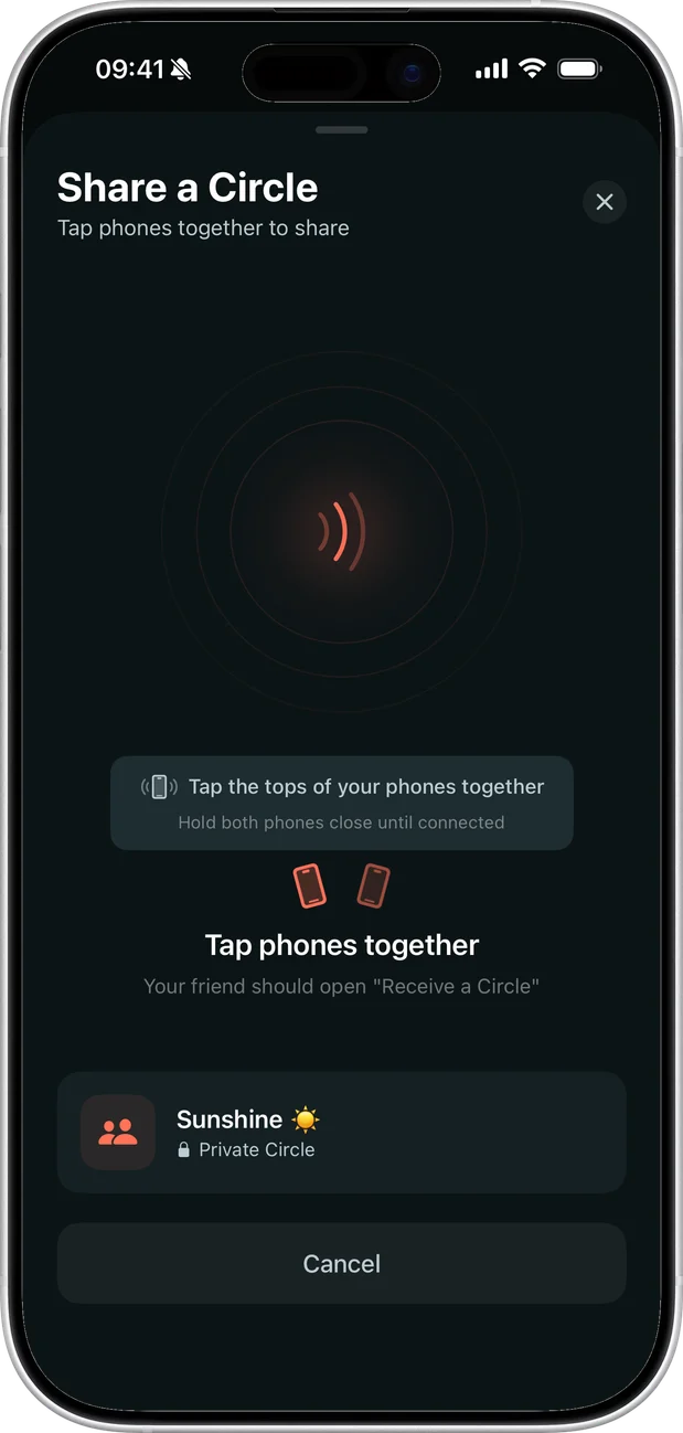 Sharing a circle by tapping phones together