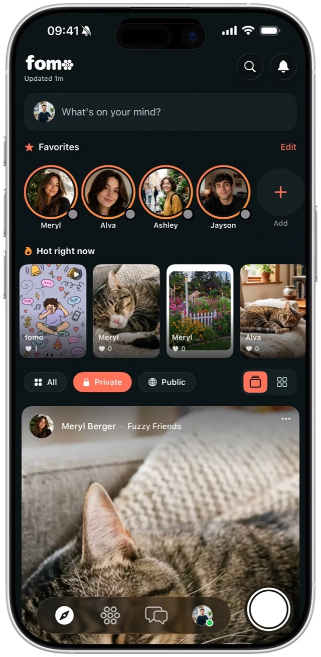 The fomo Explore feed — favorites, hot right now, and the latest from your circles