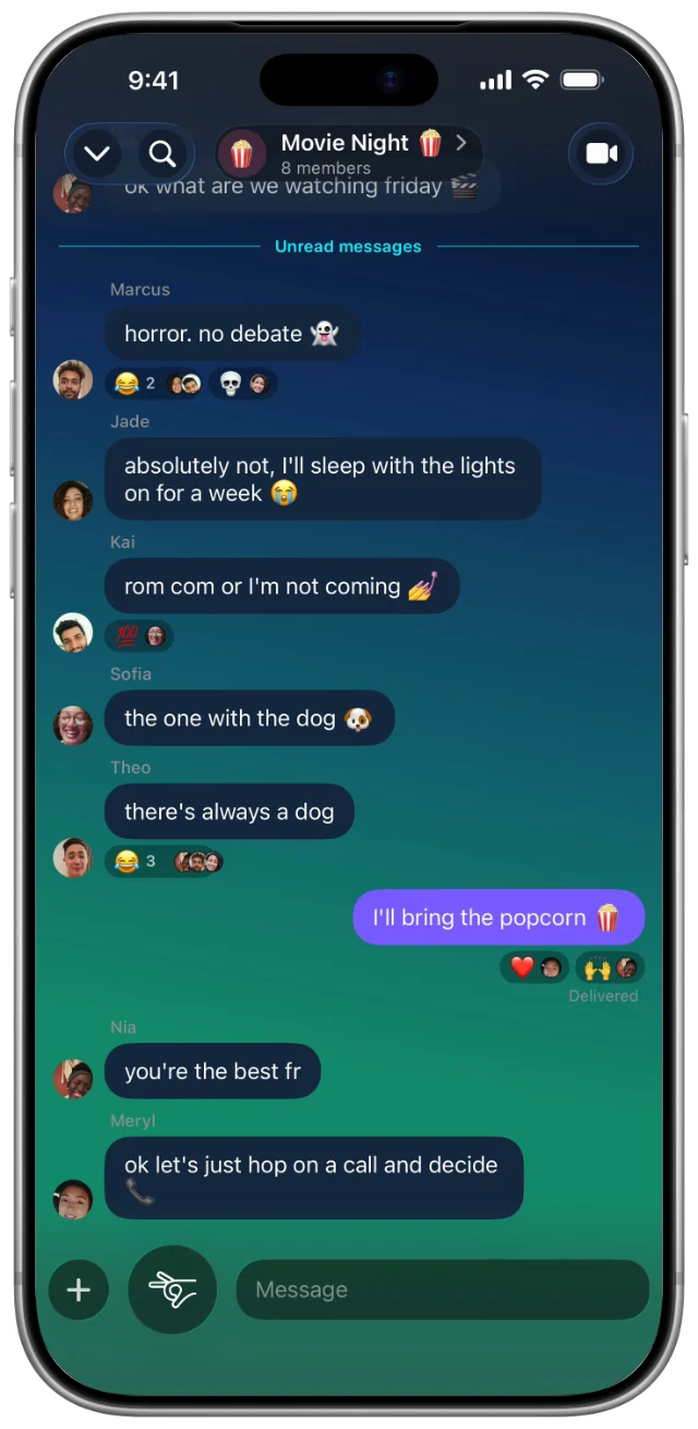 A fomo group chat themed in blue and green